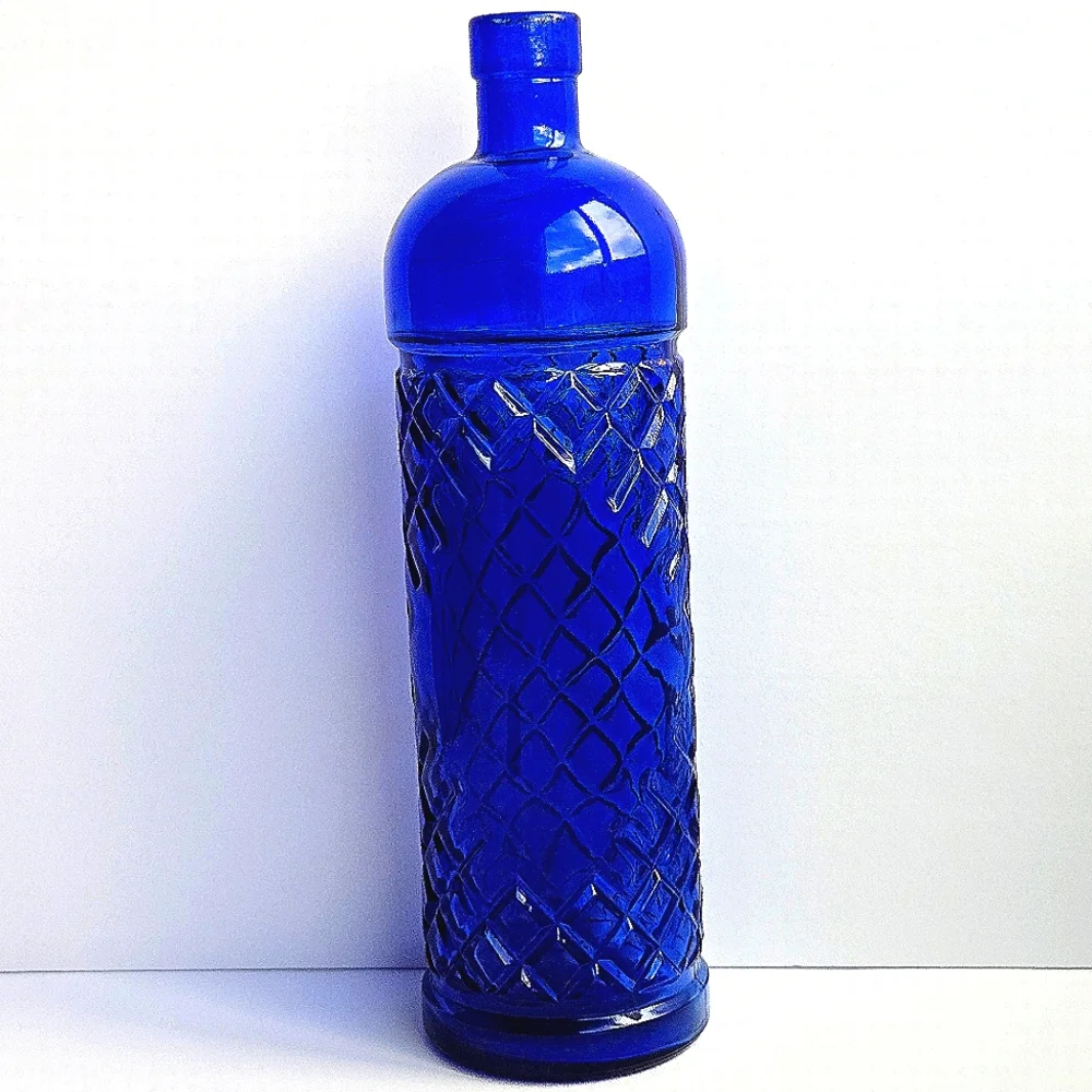 VTG PIER 1 Cobalt Blue Glass Bottle Decanter Diamond Lattice Textured Vase Spain